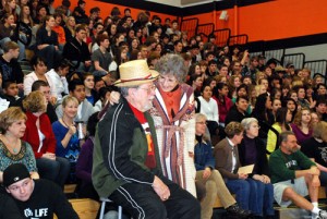 Elmer Valkenaar and his wife, Lolita, at the Jan. 25 assembly as the entire student body gathers to honor him in a surprise birthday party salute. Included was a “This is Your Life,” slide show, and performances by the choir and dance team. Cake and Elmo cookies for everyone followed.