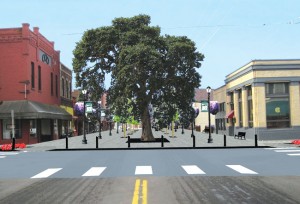 Concept 5 creates a plaza between First and Water streets replacing the original “Old Oak Tree”.