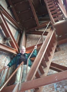 Jerry Lauzon checks out  the St. Mary’s Church tower where it was damaged during the 1993 earthquake.  