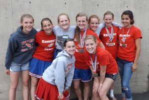 The Kennedy girls track team represented by from front, left: Erin Wall, Bridget Donohue; back: Amelia GrosJacques, Autumn Barth, Lauren Stokley, Sadie Manley, Madison Sprauer, Loghan Sprauer and Lucero Cruz, took third place at the state meet.