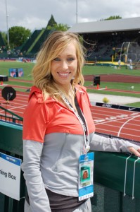 Holley Davis DeShaw takes a break from helping athletes at the U.S. Track and Field Olympic Trials in Eugene in June.