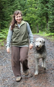 Anne Spalding takes a walk with one of her Irish Wolfhounds.