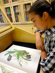 A junior birder admires one/some of the books at the bird book exhibit at Mount Angel Abbey library.     Jo Garcia-Cobb