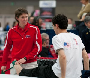 Jennifer Krug works with USA fencer James Williams, who won a silver medal in team sabre at the 2008 Beijing Summer Olympics.