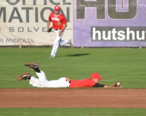 Going all out: Silverton High’s Dustin Meyer makes a diving grab during an all-star baseball doubleheader July 3 at Volcanoes Stadium in Keizer. A total of 36 players participated, divided between American and National squads. Meyer played second base and shortstop for the National team, which won the first game 1-0. The American squad won game two, 2-1. Meyer was an honorable mention all-Mid-Willamette Conference selection for the Foxes this season. He will be a senior in the fall.  