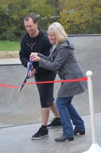 Jason Franz and Judy Schmidt cut the ribbon for the Silverton Skatepark in October 2013. Photo by Kristine Thomas.