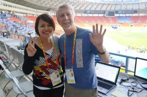 When covering the Moscow Worlds in the  Luhzniki Stadium, site of 1980 Olympics, Steve Ritchie met Xin Li, a journalist from Beijing. “We were seated next to each other throughout the meet and became friends. She will also be at the Beijing Worlds and that will be fun to see her again.”