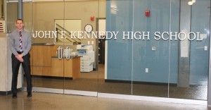 Principal Sean Aker at the new entrance to John F. Kennedy High School. An open house for the public will be held Jan. 20.