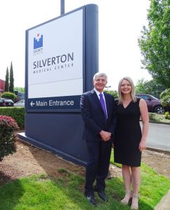 Legacy’s Chief Operating Officer Mike Newcomb, D.O.. and Legacy Silverton Medical Center President Sarah Fronza met with Legacy Silverton Medical Center employees on June 1. 