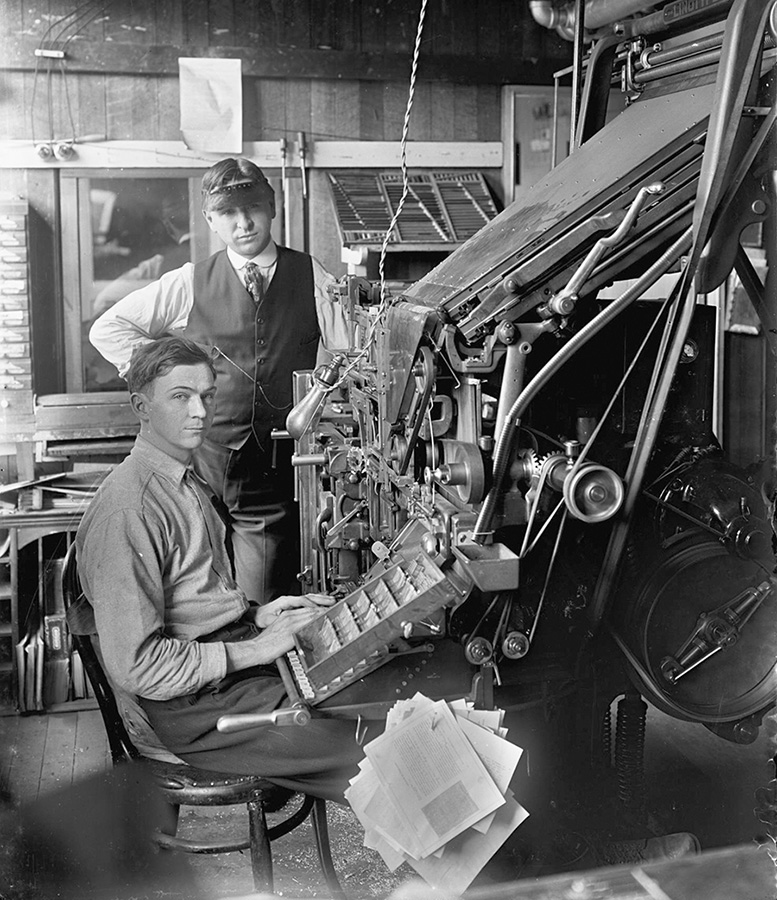 Employees of the Silverton Appeal-Tribune operate a linotype machine, a staple of print journalism from its invention in the late 1800s through the 1970s. The photo was taken by June Drake, circa 1920.