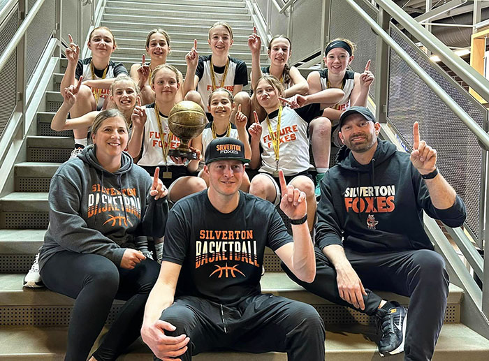 The Silverton Future Foxes sixth grade girls basketball team won the gold division in March in Bend and Redmond.  Submitted Photo.