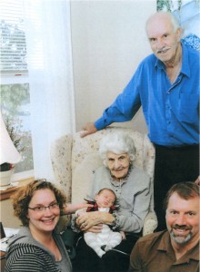 Bula Weddle Smith pictured in 2011 with four generations of family members, including one of the newest member of her nephew Richard Heater\'s family. Bula will turn 100 on Jan. 14.