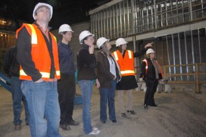 The tour group saw a world of opportunity inside the shell of the new theater.  Improvements in seating, lighting, access to the stage and construction and storage of props  were described. 
