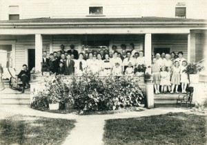 Stevens Family Reunion. Photograph was taken July 19, 1916 at the home of Ellis Stevens in Silverton. There were 53 people at the Reunion including the last names of Esson, Stevens, Wolford, Ross, Henjum, Bump, Buchner, McKey and Weisner.