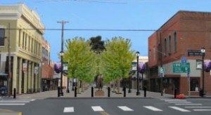 An artist\'s rendering of Concept 5\'s downtown plaza viewed from Main at Water Street.