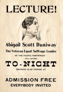 A flyer promoting a lecture by Abigail Scott Duniway.