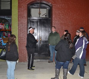 Spirit Expeditions tour guide Dawane Harris shares the story of why there is a light above the Silverton Odd Fellows’ door with a group of both locals and visitors. 