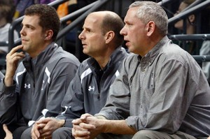 Steve Roth, center, has taken over for Darren Shryock, right, as boys basketball coach at SHS. Former assistant Brett Davisson is at left. Photo by Ted Miller