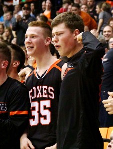 Blake Cosgrove and Matthew Peters celebrate the moment as the Foxes closed in on the state title. Photo by Ted Miller.