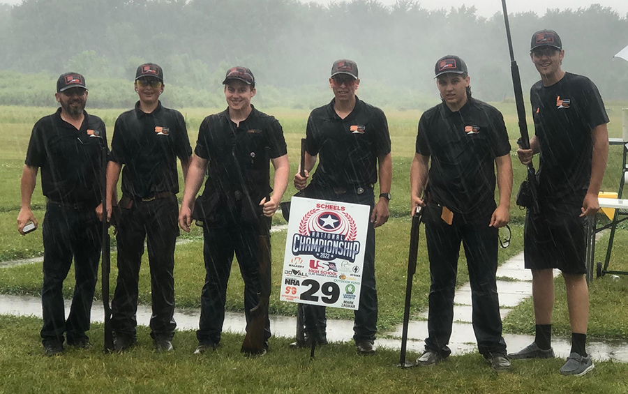 The Silverton High trap shooting squad is shown amid rainy conditions at a national event in Michigan. From left are coach Fred Zurbrugg and athletes Everett Goode, Levi Haun, Jedrek Shetler, Oliver Zurbrugg and Lucas Sperle. 