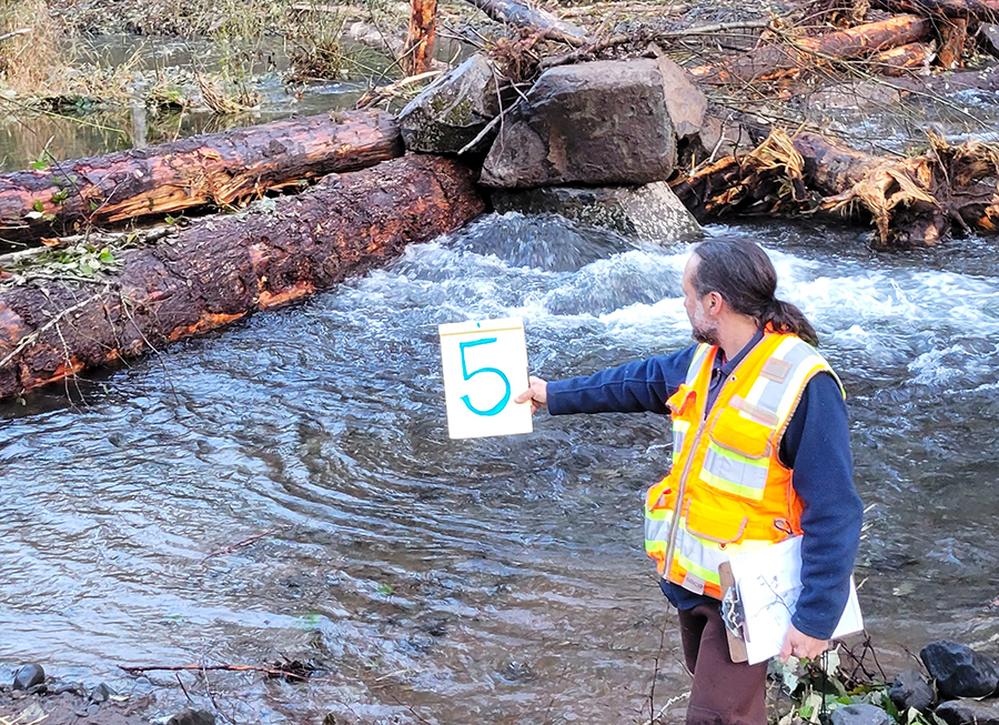 Kurt Berning of the Pudding River Watershed Council is shown at one of the engineered log jams on Abiqua Creek that has been placed to improve steelhead fish passage.