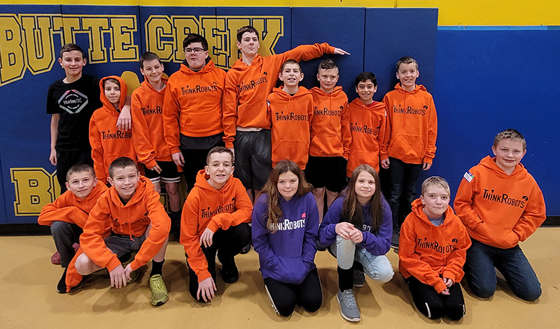 The members of the Think Robots Club who competed at a state competition March 4 at Butte Creek Elementary School. Derek Schaefer (front row, second from left) and Zane Davis (from row, third from 
left) advanced to an 
international competion 
in Texas.  
Submitted 
Photo