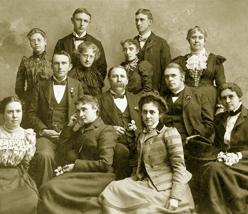 Official portrait of the Liberal University of Oregon faculty, a “freethinking” group founded in Silverton, photographed circa 1900. Silverton Country Historical Society