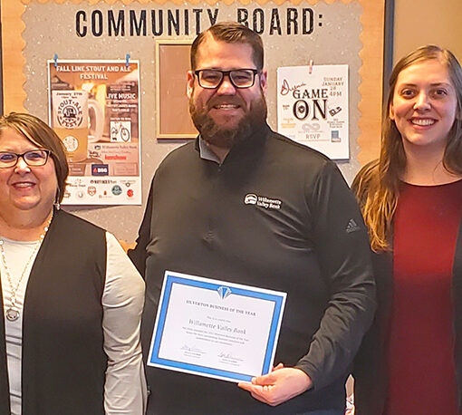 Silverton Willamette Valley Bank operations manager Johna Overfield, branch manager Joshua Keck, and staff member Rachel Sepull. Submitted Photo
