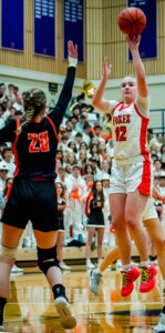 Silverton standout Kyleigh Brown pulls up in the lane for a jumper during the Foxes’ win against Crater in the Class 5A championship game. Brown led the tournament in scoring and rebounds and was second in assists.    Pamela Shetler