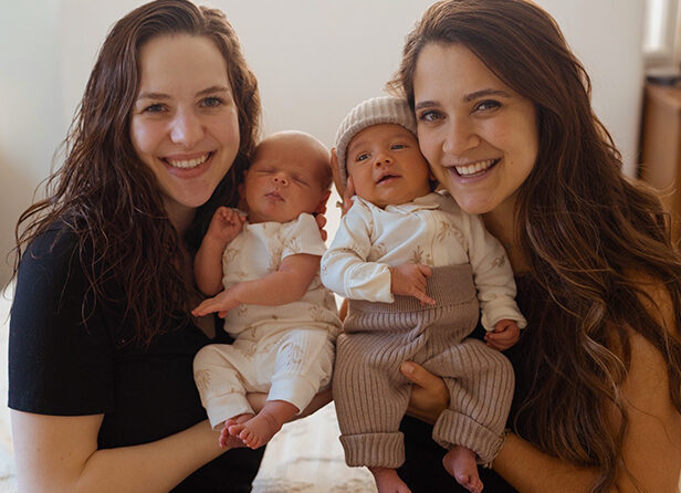 Ivy Pemble holding her new daughter, Wren, and sister-in-law Megan Peetz holding her new son, Wesley. Both babies were born on Leap Day 2024. Courtesy of Laura Pemble