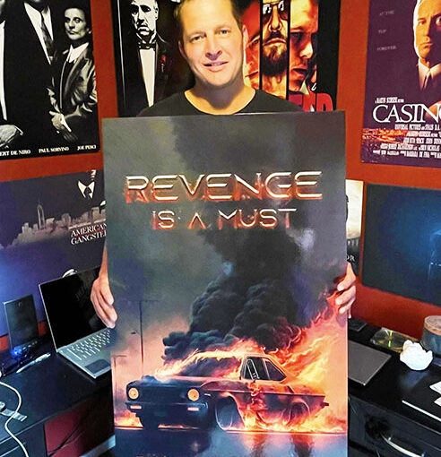 David Brautigam with the cover of his book surrounded by posters of the movies that influenced his writing. Submitted Photo