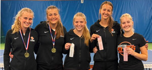 The Silverton High girls tennis team qualified five players for the Class 5A state tournament. From left, Paige and Ashlyn Davisson, Audrey Gardner and Maggie Davisson and Katelyn Gehring. Submitted Photo