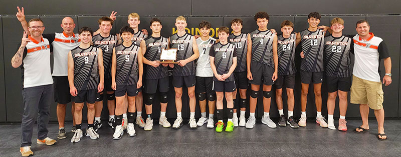 The Silverton boys volleyball team and coaches with their second-place trophy at the Class 5A-4A state tournament in Hillsboro. This is the first year of the program, which is not fully sanctioned by the OSAA.   Submitted Photo